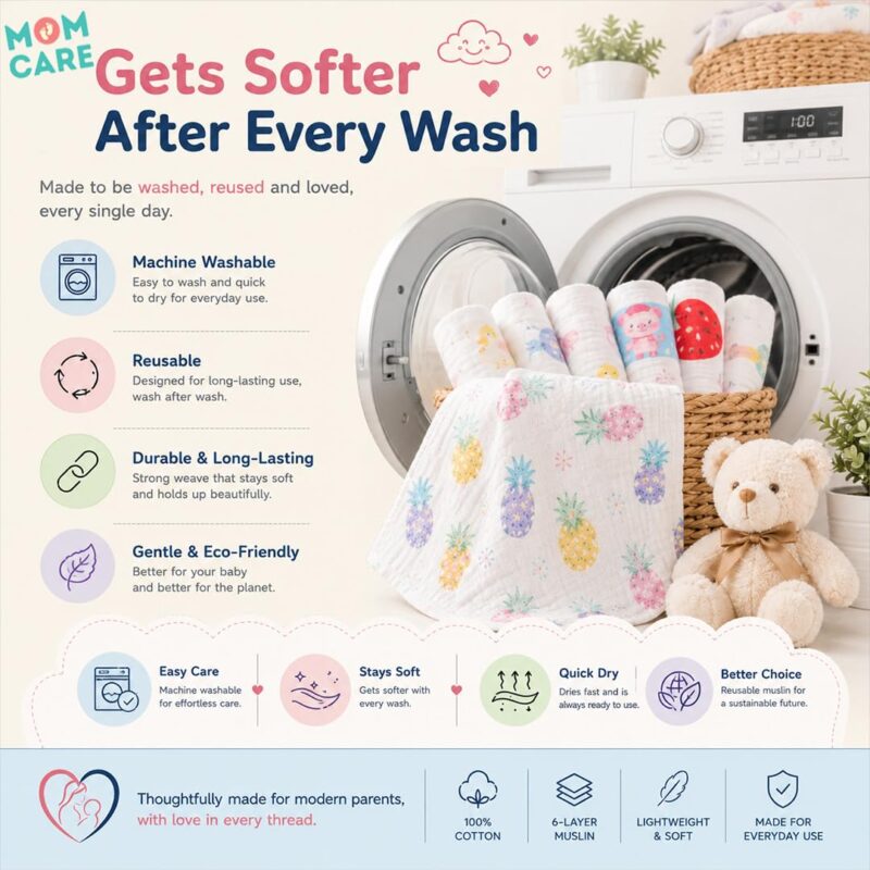 MOM CARE Muslin Cloth for New Born Baby, 6 Layer Reusable Cotton Washcloth Napkins, Face Towels, Absorbent Feeding Wipes and Burp Cloths for Baby, 30 x 30 cm, Pack of 5 - Image 4