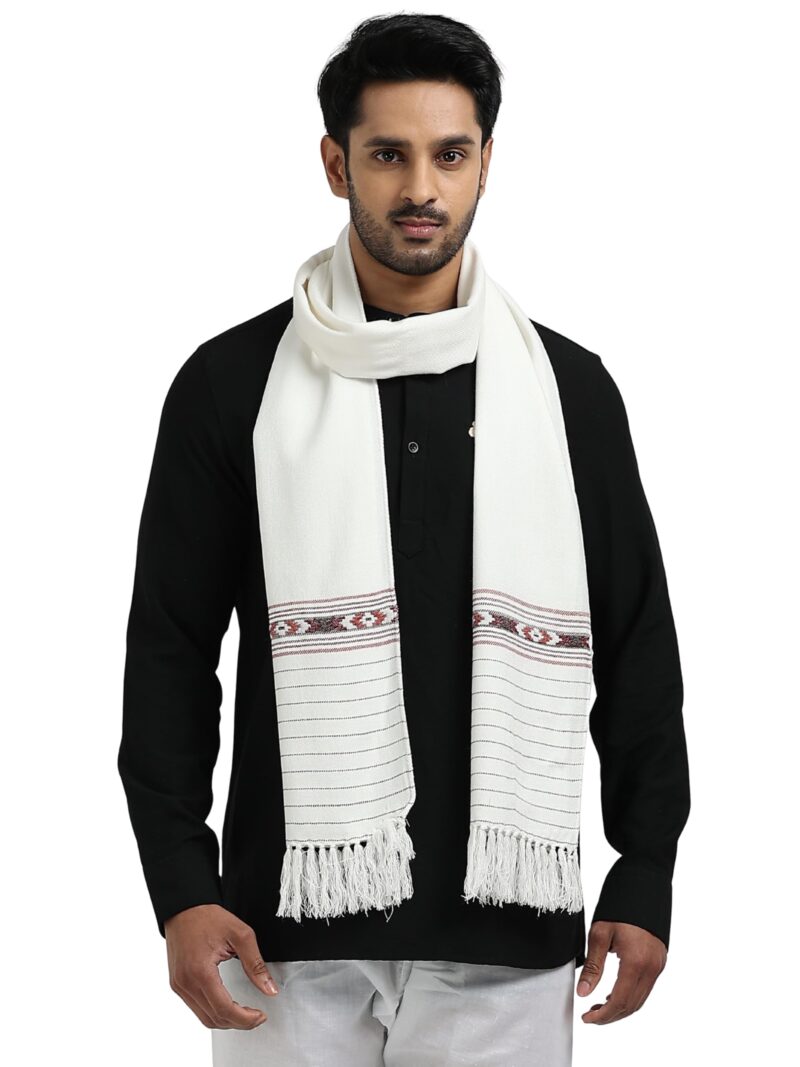 Arvore Bunkaar Handwoven Woolen Muffler for Men (White Kullu)