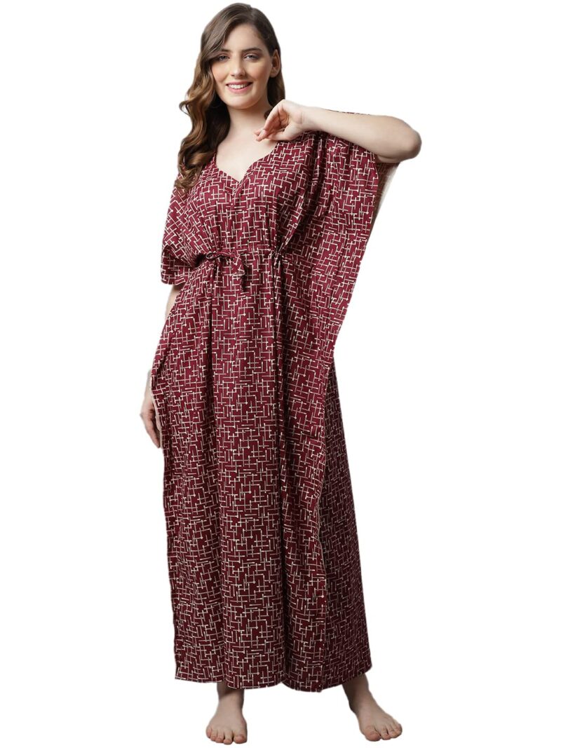 Secret Wish Women's Cotton Printed Maroon Kaftan Maxi Nighty, Free Size