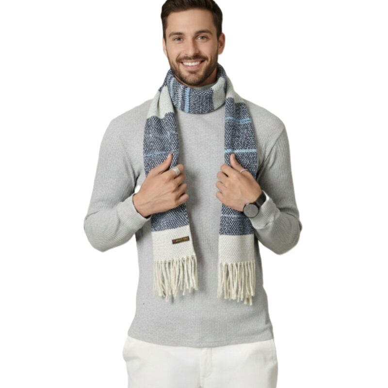 Indus Cloud Winter Woolen Muffler for Men | Soft & Warm Knitted Scarf | Stylish Casual & Formal Wear (Blue White) - Image 4