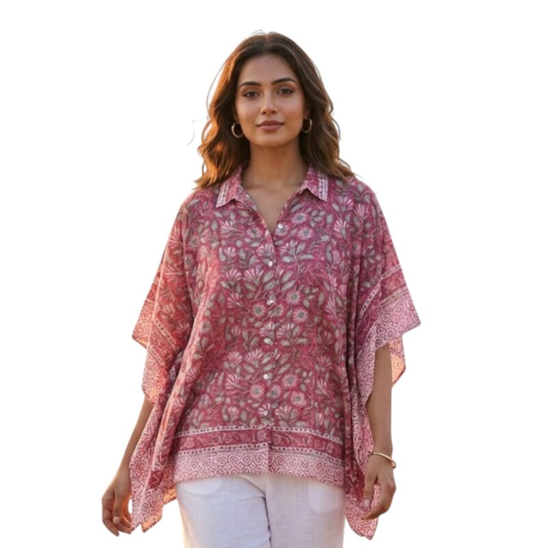 Navyas Fashion Floral Print Cotton Kaftan for Women Short Kaftan Top Long Dress, Boho Beach Cover Up, Summer Friendly Loungewear (Pink, M)