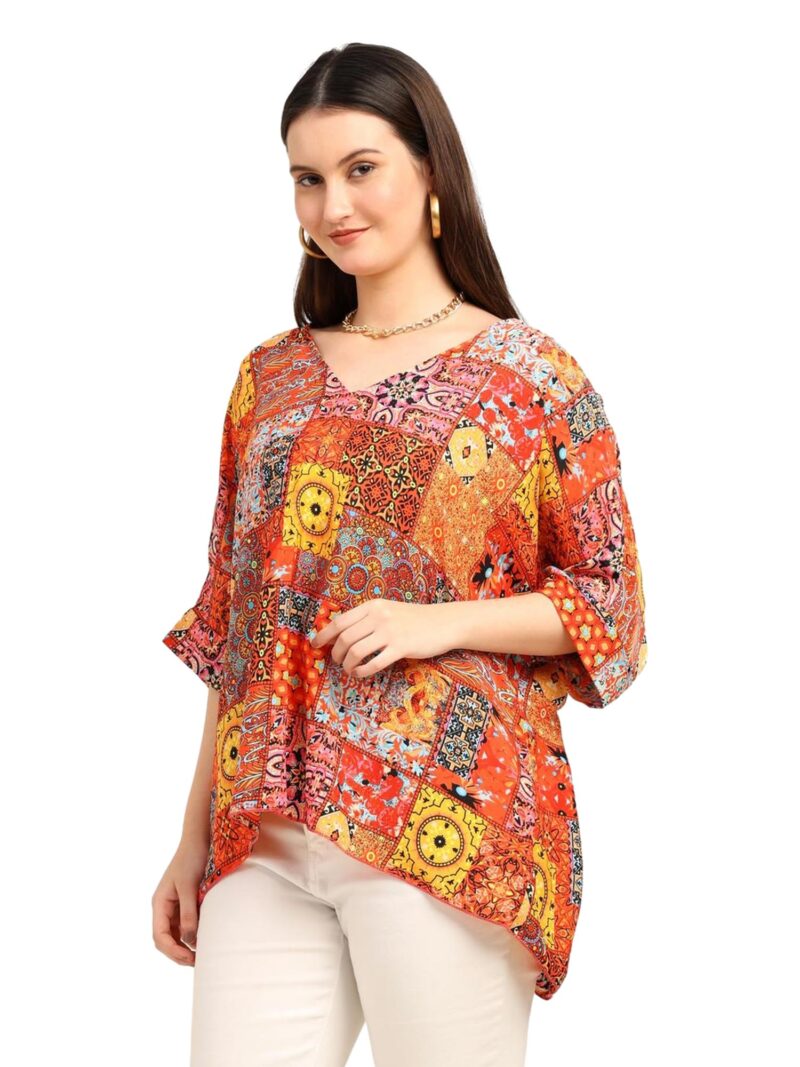 KE KANHA EXPORTS Over Size top|Tops for Woman|Boho Vibe Beach wear|Soft Silky Feel Border Print|V-Neck Half Sleeve Loose Fit|Multicolor|Easily fits M toXXL|Bust 32-40in Length 28in|Pack of 1 - Image 3