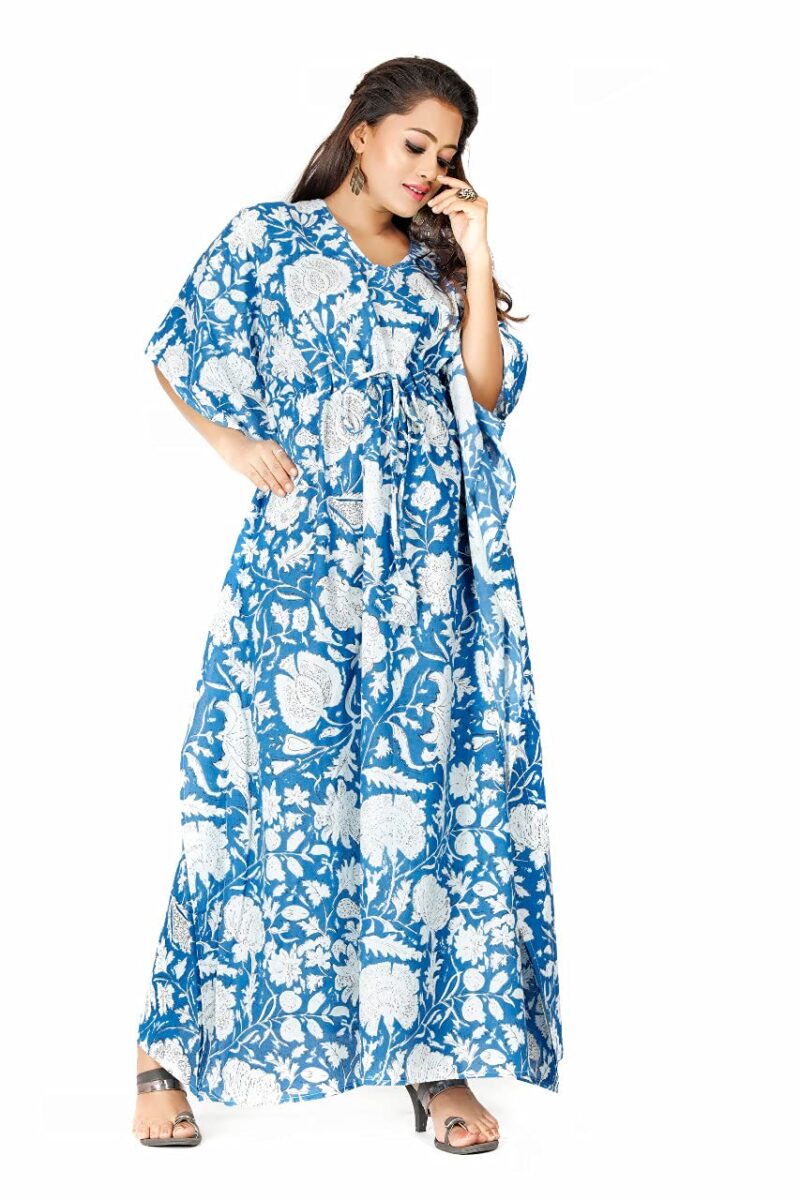 Shri Ganesh Impex Maxi Kaftan for Women, Pure Cotton Nighty, Loungewear Kaftan | Hand Block Printed Women Nighty | Free Size Blue - Image 7