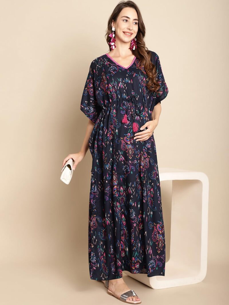 Secret Wish Women Rayon Floral Navy Blue Maxi Maternity Kaftan - Image 6