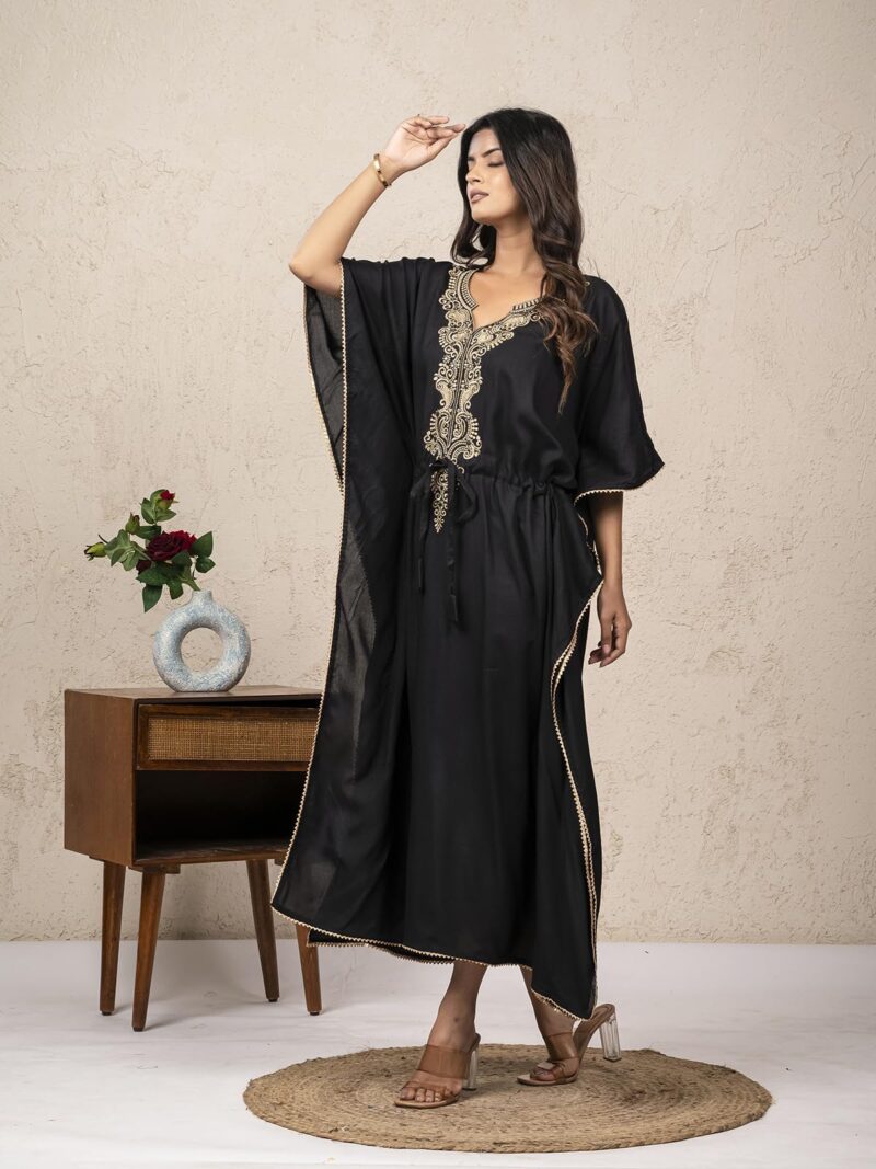 Jaipur Export Quality 100% Pure Rayon Block Print Women's Designer Kaftan Dress || Soft and (Non-Transparent Fabric) b;ack morraccan Black - Image 7