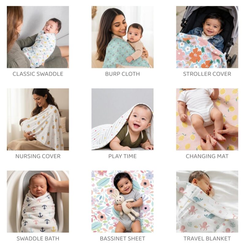 haus & kinder 100% Cotton Muslin Swaddle Wrap for New Born Baby | Pack of 5 (100×100 cm) | Baby Blanket & Swaddles for Newborn | Safari Squad Collection - Image 4