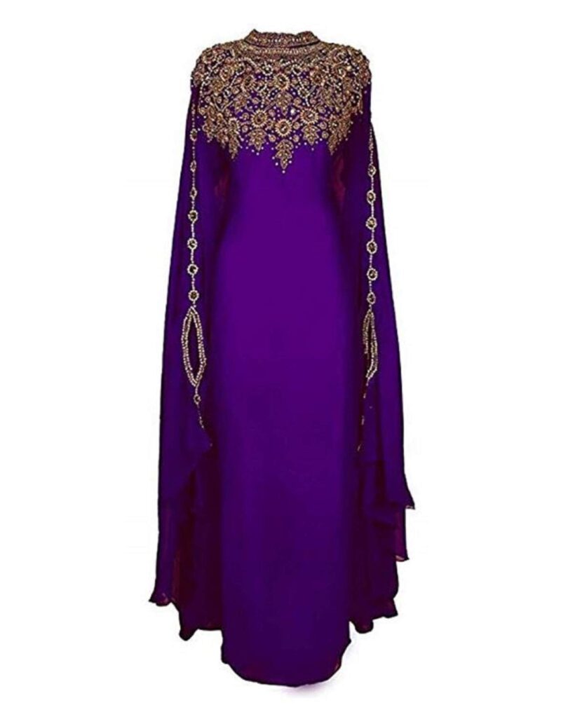 Royal Blue Silk Kaftan Dress for Women Formal – Arabic Moroccan Dubai Wedding Gown, Muslim Evening Wear, Purple, Large - Image 3