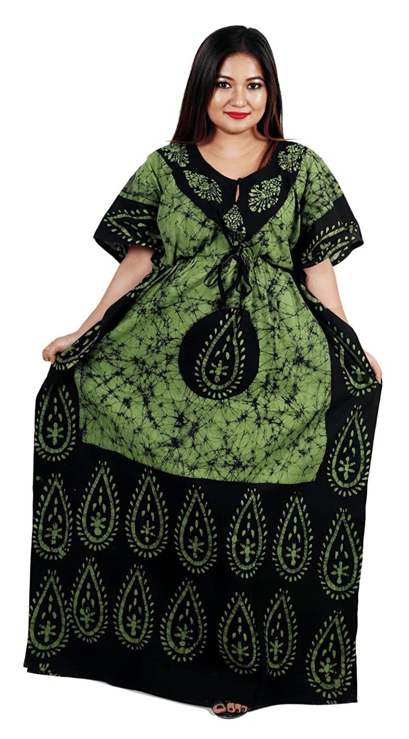 Onekbhalo Women's Printed Cotton Kaftan, Nighty, Maxi, Nightgown (XXX-Large, Green)