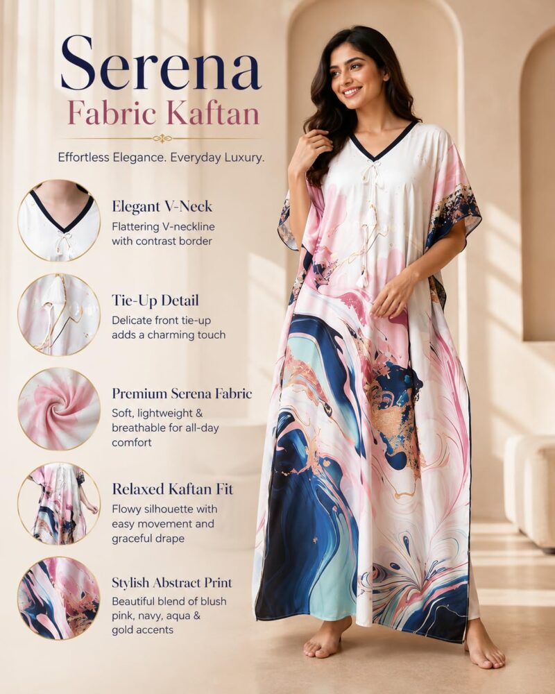 Noty ® Women's Kaftan Nighty | Digital Print | Sarena Fabric | V Shaped Neck Nightwear | Nightdress for Girl (Multicolor Blue, Free Size) - Image 2