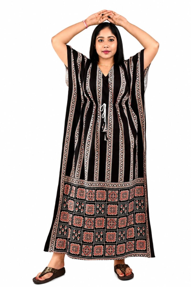 BDROX Women’s Black Cotton Kaftan Nighty Maxi Dress | Loose Fit Printed Lounge Wear | Breathable Summer Sleepwear | Free Size Comfortable House Dress