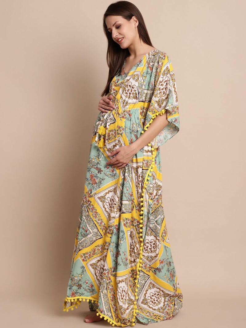 Secret Wish Women Maxi Rayon Yellow Printed Maternity Kaftan Free Size - Image 2