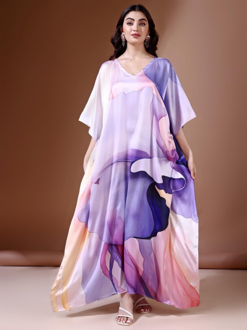 Label Aarna Premium Soft Satin Kaftan Dress for Women / Digital Print / Free Size (M-3XL) / Hidden Adjustable Belt / Full length / Maxi / Resort Wear - Image 8