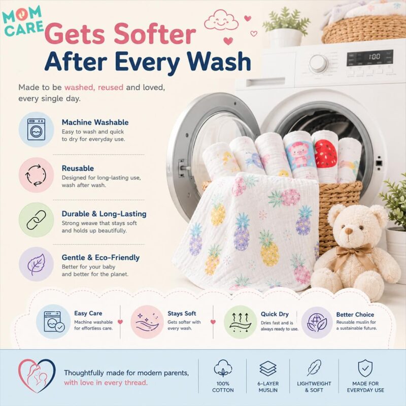 MOM CARE Muslin Cloth for New Born Baby | 6 Layer Soft Cotton | Burp Cloths, Baby Towels, Washcloth, Handkerchief & Feeding Wipe Cloth | Reusable | Pack of 5 - Image 3