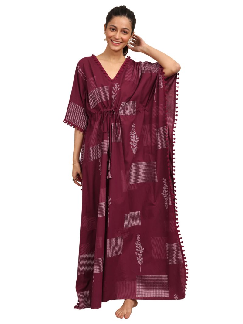 Libas Printed Kaftan Style Nightdress with Attached Waistbelt Maroon