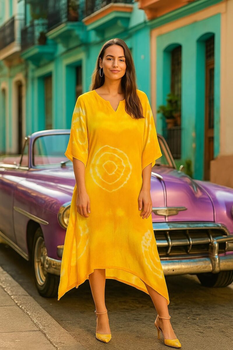 Maaesa Women Yellow Handcrafted Tie-Dye Rayon Loose Fit Kaftan Dress | V-Neck | Flowy Kaftan Style | Lightweight & Breathable Fabric | Casual Wear - Image 4