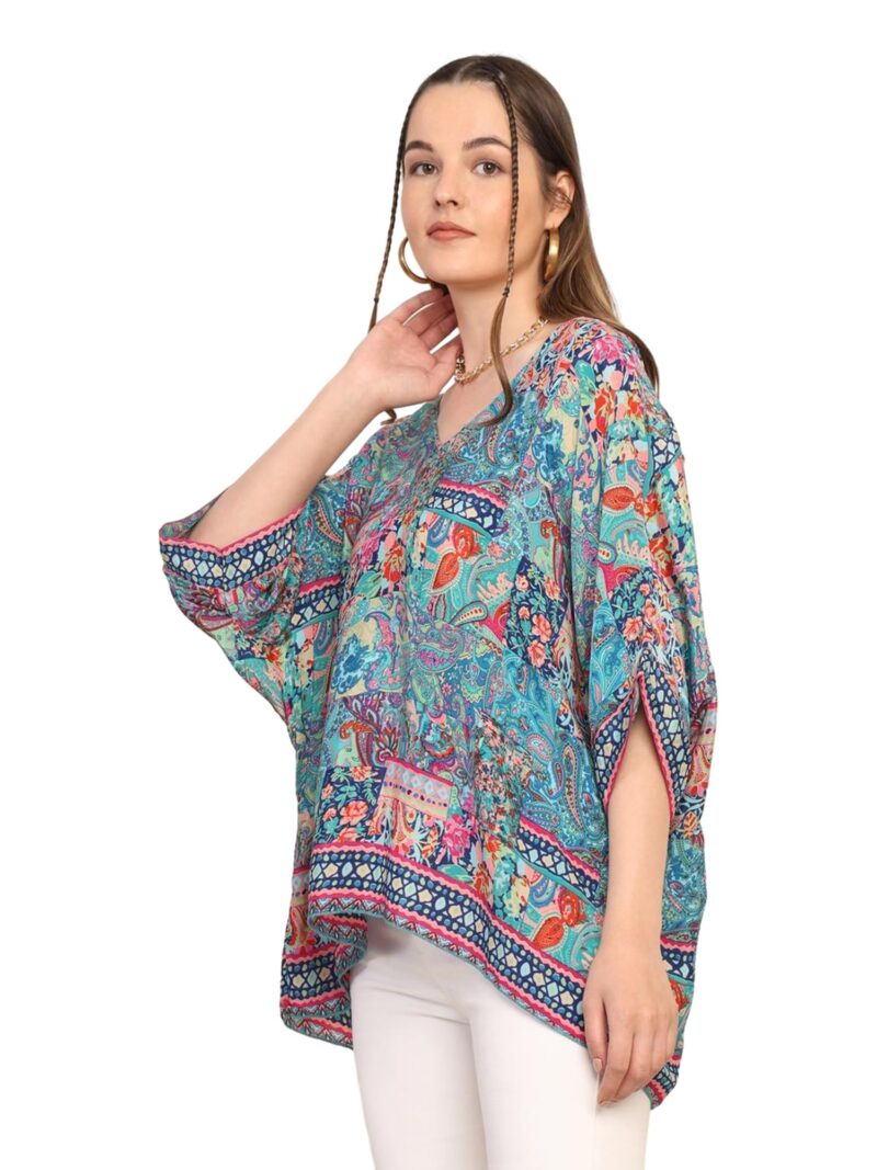 KE KANHA EXPORTS Over Size top|Tops for Woman|Boho Vibe Beach wear|Soft Silky Feel Border Print|V-Neck Half Sleeve Loose Fit|Multicolor|Easily fits M toXXL|Bust 32-40in Length 28in|Pack of 1 - Image 4