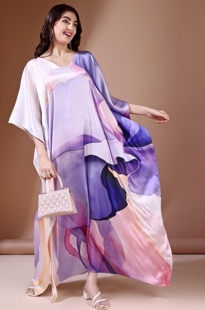Label Aarna Premium Soft Satin Kaftan Dress for Women / Digital Print / Free Size (M-3XL) / Hidden Adjustable Belt / Full length / Maxi / Resort Wear - Image 2