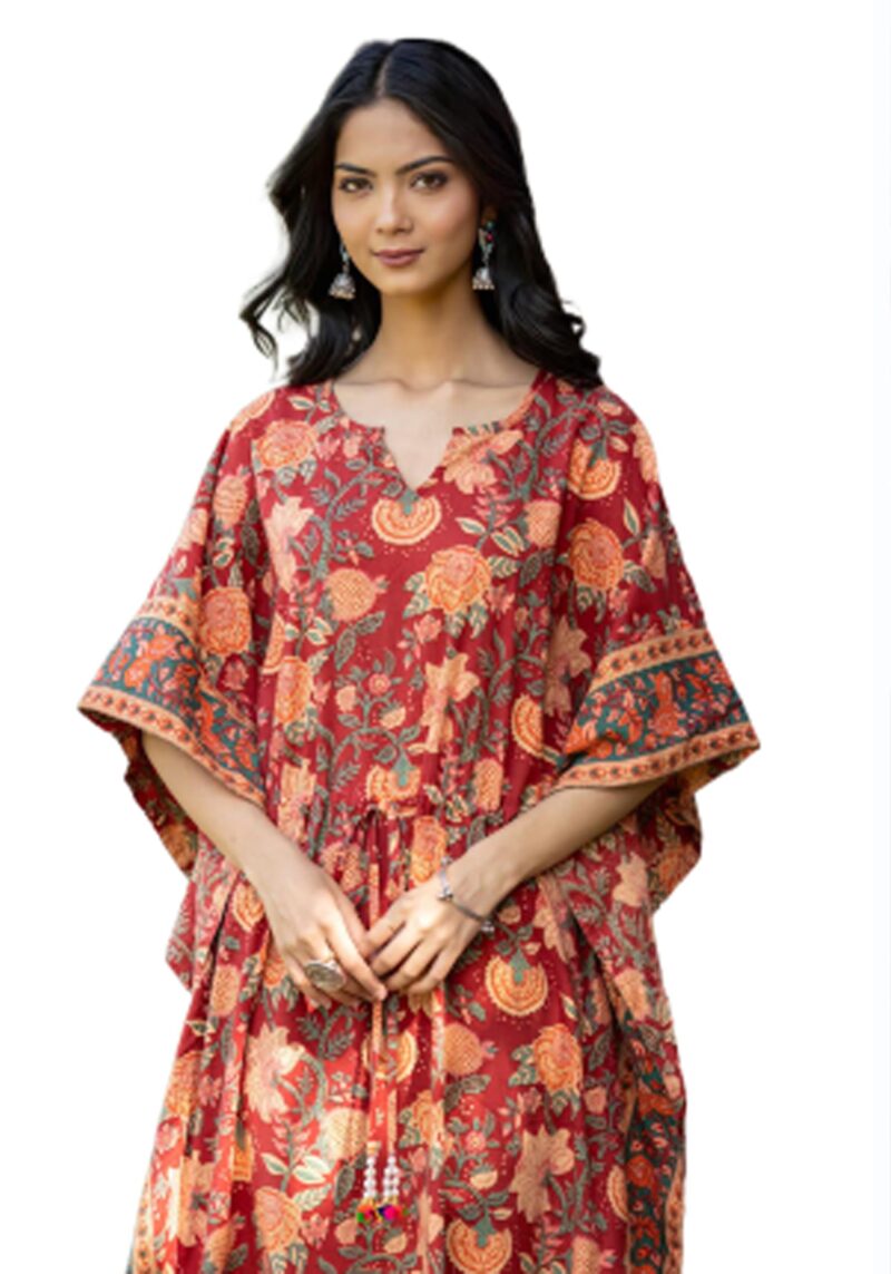 Navyas Fashion Women's Pure Cotton Full Length Kaftan Dress, Notched Neck, Drawstring with Tassels at Waist, 2 Side Slits, Floral Print, Bohemian Style (Large) (X-Large)