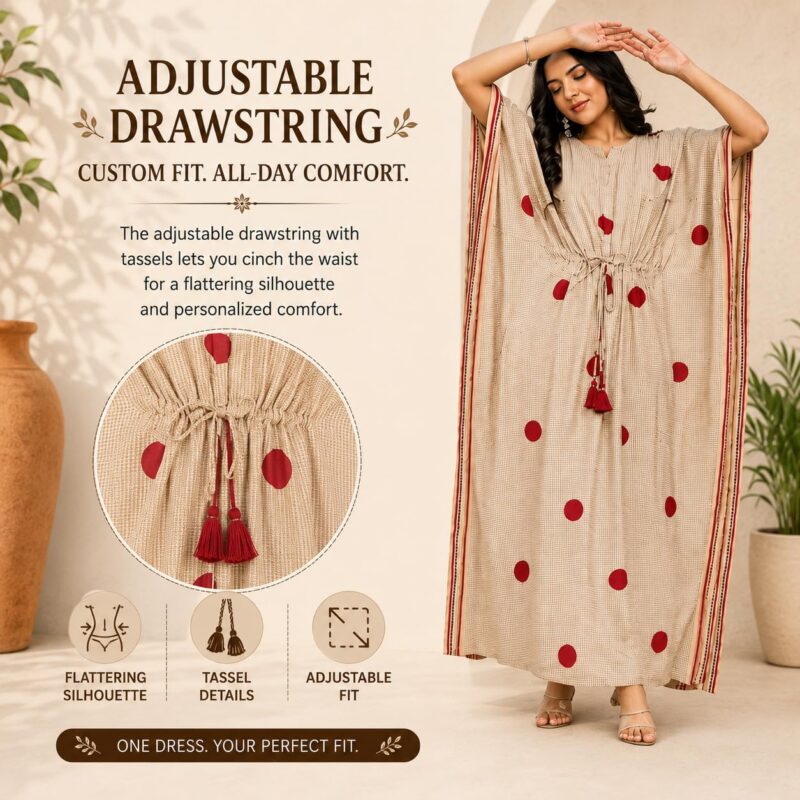 Navyas Fashion Bagru Polka Dot Printed Cotton Kaftan Dress, Pure Cotton, Full Length, Notched Neckline, Drawstring with Tassels, 2 Side Slits, Customisable & Bulk Available (XX-Large) - Image 3