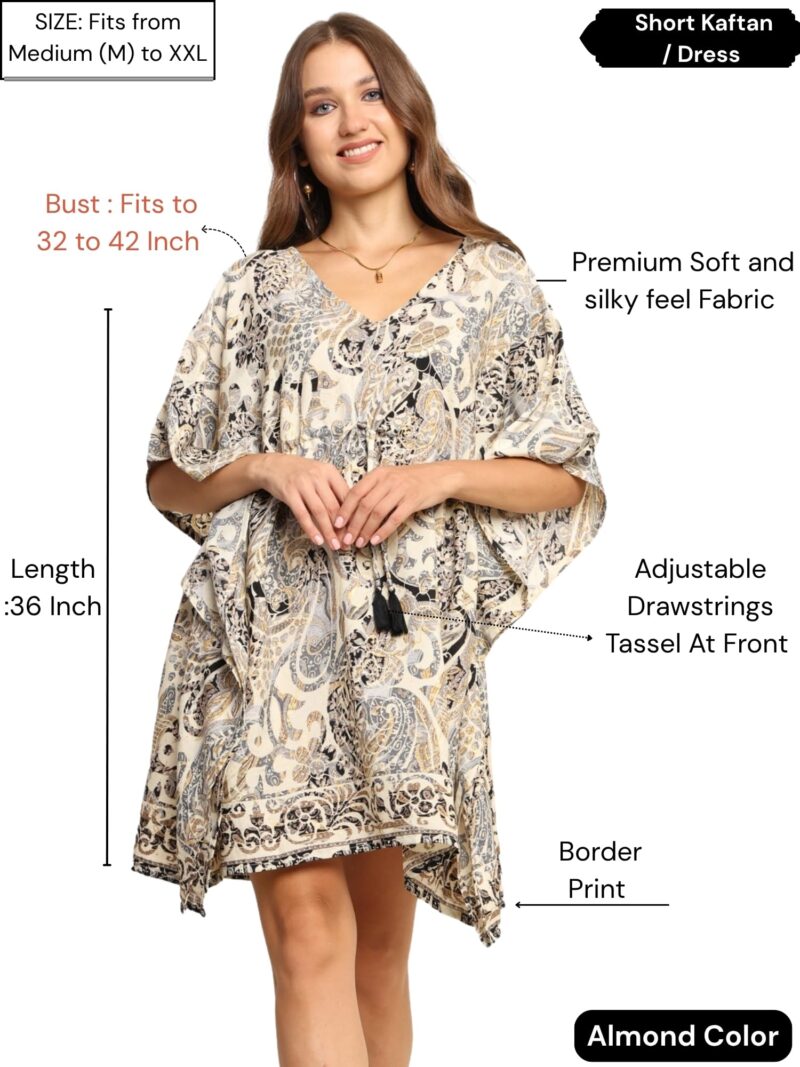 KE KANHA EXPORTS Kaftan Dress|kafthan Dress for Women|Kaftan Kurti for Women|Beach wear|Boho Beach|Border Print Drawstring Tassel|Printed|Easily fits M to XXL|Bust32-42in Length36in - Image 3