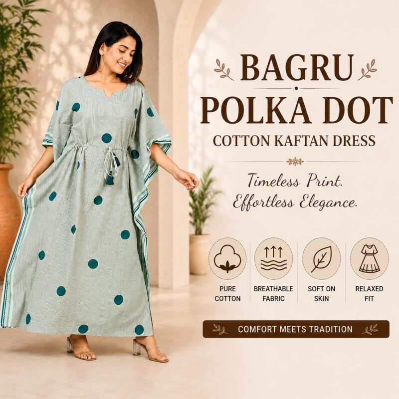 Navyas Fashion Bagru Polka Dot Printed Cotton Kaftan Dress, Pure Cotton, Full Length, Notched Neckline, Drawstring with Tassels, 2 Side Slits (IN, Alpha, M) - Image 3
