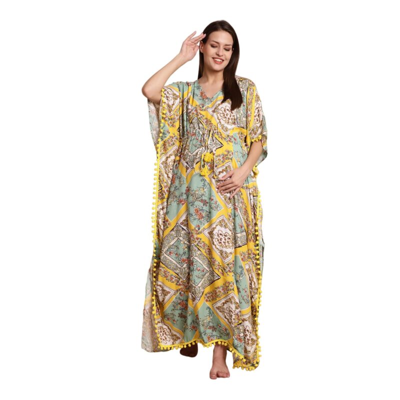 Secret Wish Women Maxi Rayon Yellow Printed Maternity Kaftan Free Size