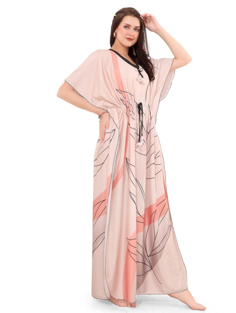 BAILEY SELLS Women's Sarina Printed Kaftan Nighty Long Maxi, Lightweight Comfort, V-Neck Kaftan Sleeve, Ideal for Sleep & Relaxing, Skin, Free Size (Fits M-L)