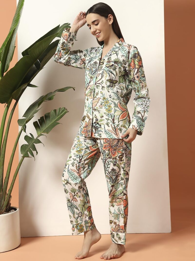 Ravaiyaa Women White Floral Printed Pure Cotton Night Suit | Printed Night Suit | Comfortable Cotton Night Dress & Sleepwear | Cozy Pyjama Set | Cotton Night Suit - Image 2
