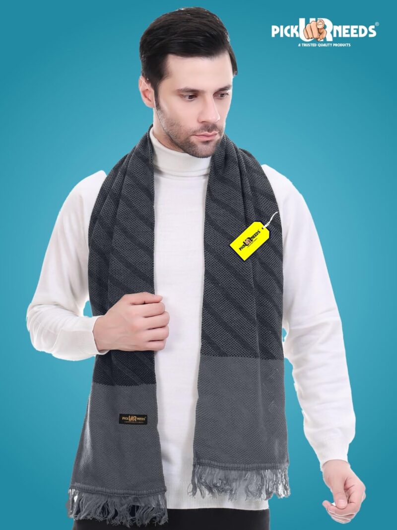 Premium Men's Warm And Stylish Woolen Muffler Angoora With Solid Color Plain Design And Stylish Tussles Ends Muffler For Men (BlackGrey) - Image 3