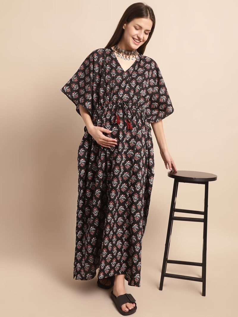Secret Wish Women Cotton Maxi Black Floral Maternity Kaftan Nighty, Free size - Image 7