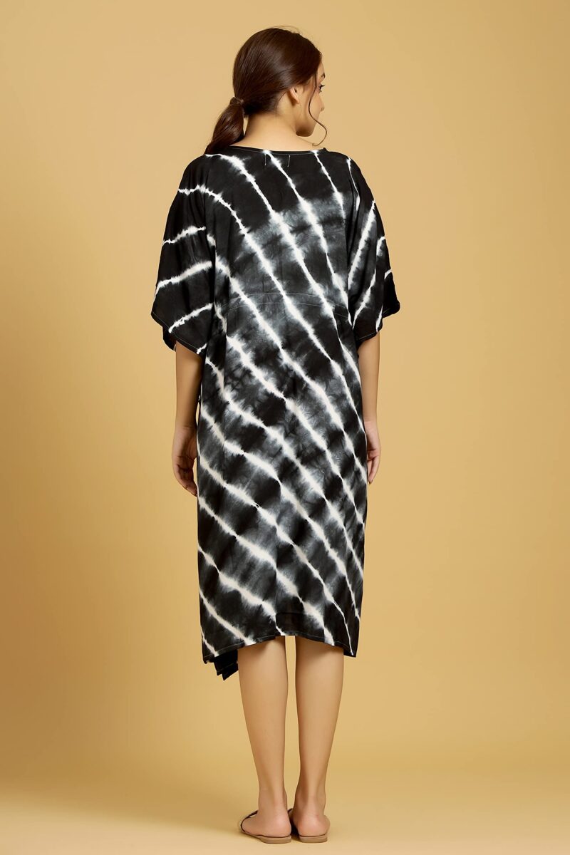 Ravaiyaa - Attitude is everything Rayon Shibori Tie Dye Short Caftan Nightwear Women's Party Dress Kaftan Maxi Gown (Black White Lahriya) - Image 4