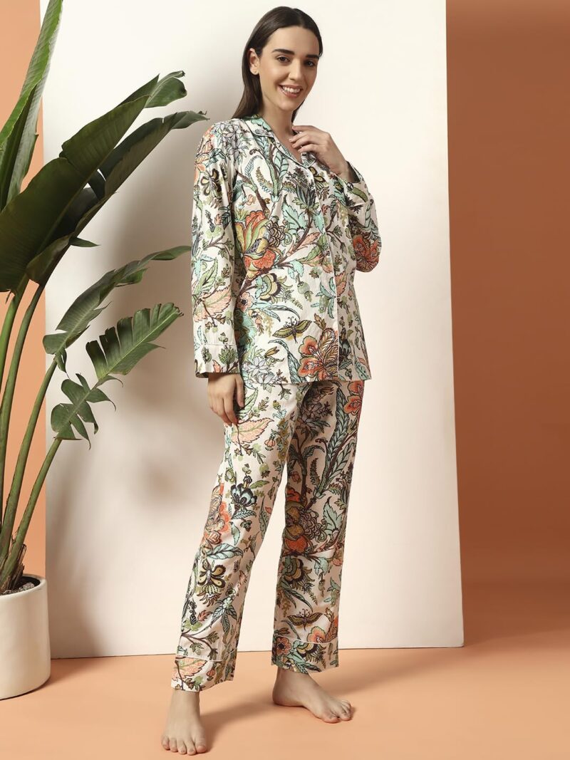 Ravaiyaa Women White Floral Printed Pure Cotton Night Suit | Printed Night Suit | Comfortable Cotton Night Dress & Sleepwear | Cozy Pyjama Set | Cotton Night Suit - Image 8