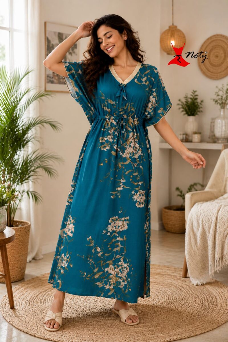 Noty® Women’s Printed Kaftan Nightwear | Long Lounge Dress with Drawstring Waist | Soft Lightweight V-Neck Nightdress for Women Teal - Image 7