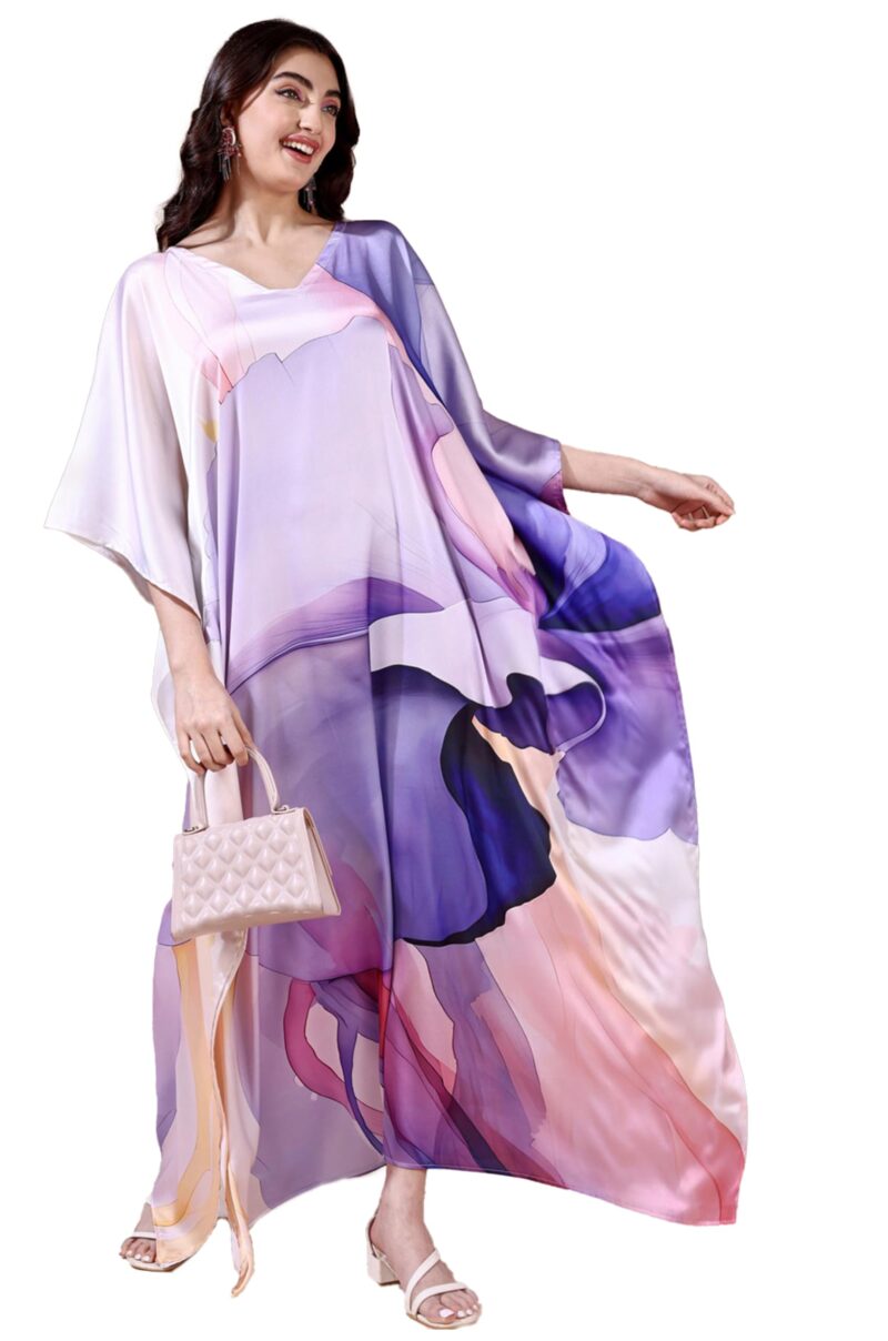 Label Aarna Premium Soft Satin Kaftan Dress for Women / Digital Print / Free Size (M-3XL) / Hidden Adjustable Belt / Full length / Maxi / Resort Wear