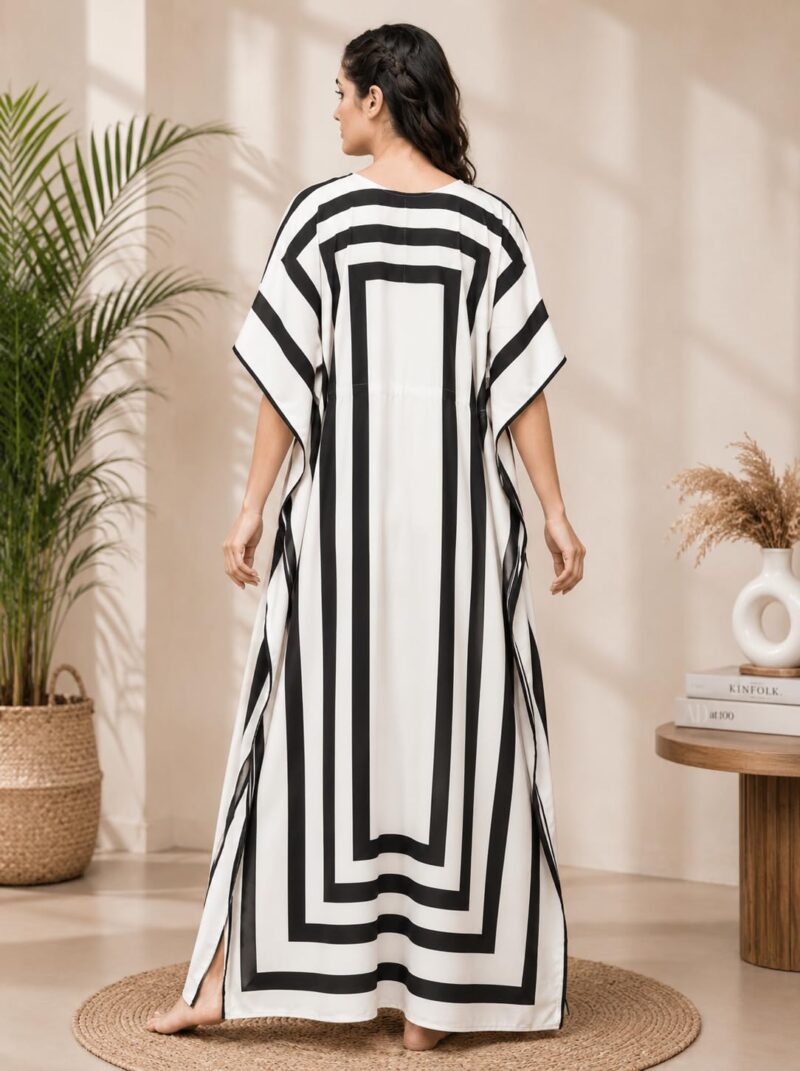 Noty Women's Kaftan Maxi Gown - Satin Serena Fabric - V Neck - Black Stripe Design - Cream - Free Size - Image 5