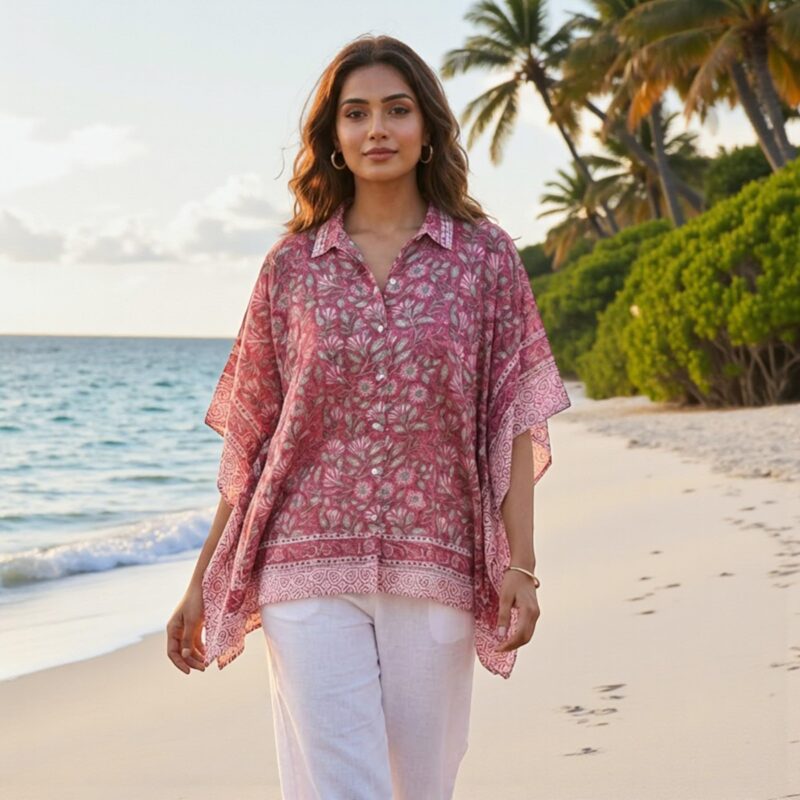 Navyas Fashion Floral Print Cotton Kaftan for Women Short Kaftan Top Long Dress, Boho Beach Cover Up, Summer Friendly Loungewear (Pink, M) - Image 6
