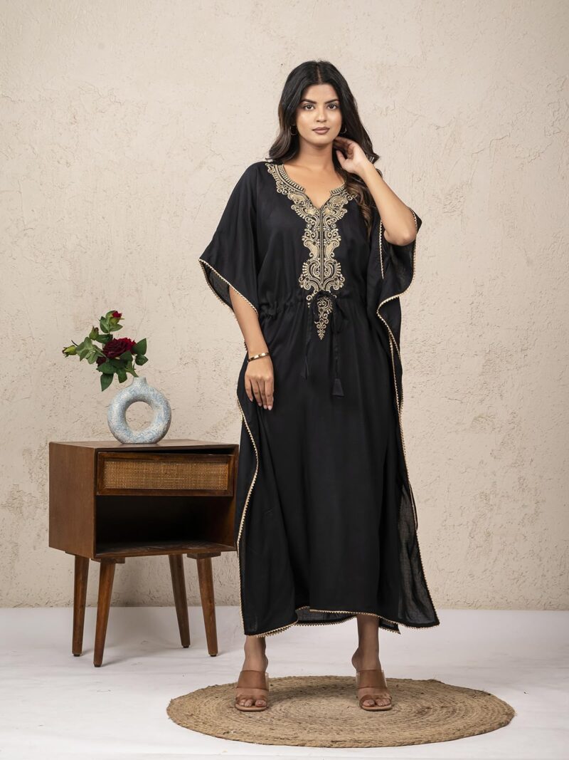 Jaipur Export Quality 100% Pure Rayon Block Print Women's Designer Kaftan Dress || Soft and (Non-Transparent Fabric) b;ack morraccan Black - Image 2