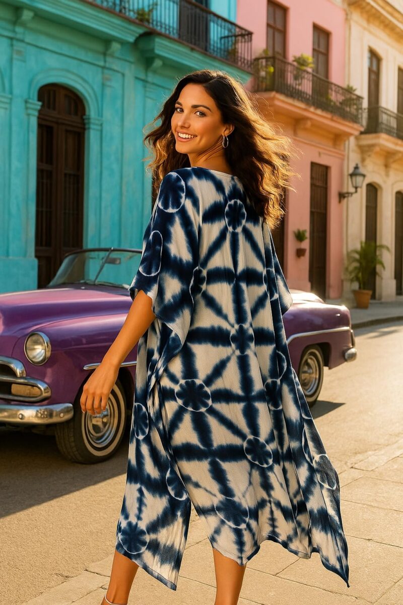 Maaesa Women Navy Blue & White Handcrafted Tie-Dye Rayon Loose Fit Kaftan Dress | V-Neck | Flowy Kaftan Style | Lightweight & Breathable Fabric | Casual Wear - Image 3