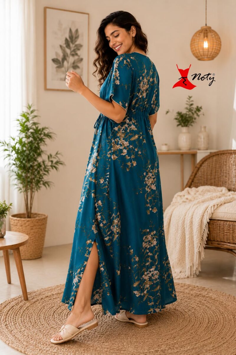 Noty® Women’s Printed Kaftan Nightwear | Long Lounge Dress with Drawstring Waist | Soft Lightweight V-Neck Nightdress for Women Teal - Image 3