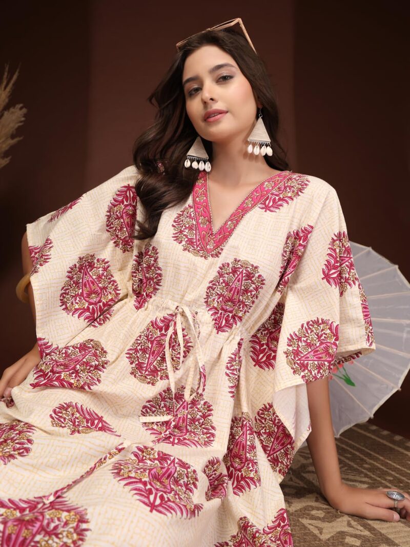 GLAMALUE Women Cotton Floral Printed Kaftan, Cream and Pink, V-Neck with Drawstring Waist, Maxi Length - Image 5