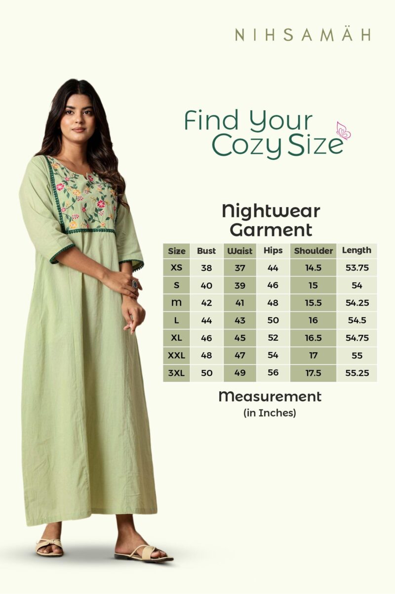 NIHSAMAH Premium Women’s Embroidered Nighty – 100% Cotton, Full-Length Comfort Sleepwear Long Nightwear, Soft Fabric for Daily & Night Use, Maxi (Light Green, M-Bust-42) - Image 3