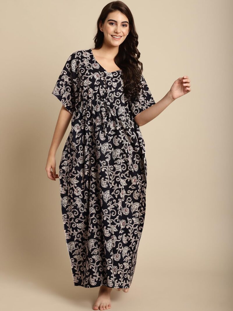 Secret Wish Women Cotton Maxi Black & White Batik Print Floral Kaftan, Free size - Image 7