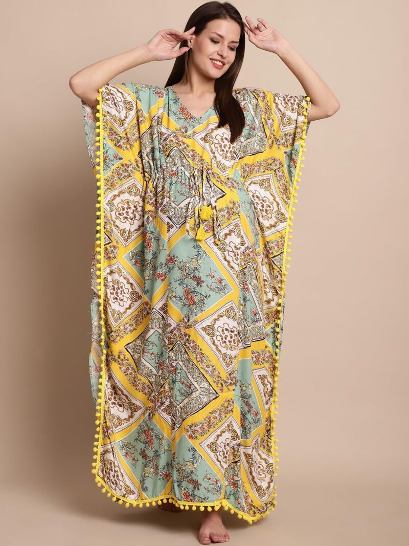Secret Wish Women Maxi Rayon Yellow Printed Maternity Kaftan Free Size - Image 8