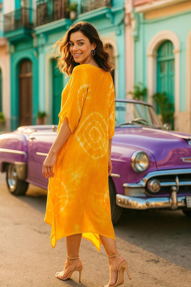 Maaesa Women Yellow Handcrafted Tie-Dye Rayon Loose Fit Kaftan Dress | V-Neck | Flowy Kaftan Style | Lightweight & Breathable Fabric | Casual Wear - Image 3