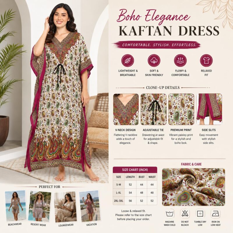 Navya Heritage Women's Paisley Print Kaftan Dress, Full Length, Magenta - Image 3