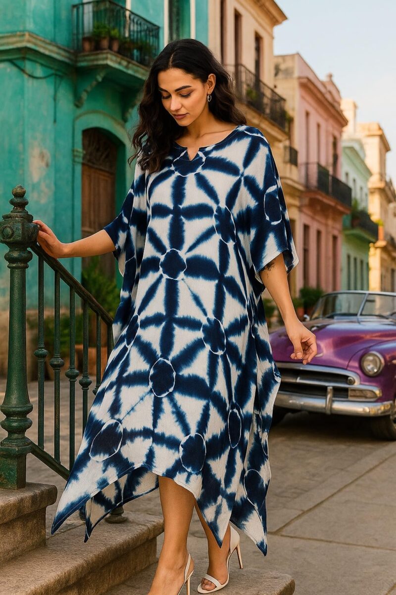 Maaesa Women Navy Blue & White Handcrafted Tie-Dye Rayon Loose Fit Kaftan Dress | V-Neck | Flowy Kaftan Style | Lightweight & Breathable Fabric | Casual Wear - Image 5