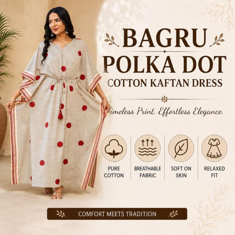 Navyas Fashion Bagru Polka Dot Printed Cotton Kaftan Dress, Pure Cotton, Full Length, Notched Neckline, Drawstring with Tassels, 2 Side Slits, Customisable & Bulk Available (XX-Large) - Image 2