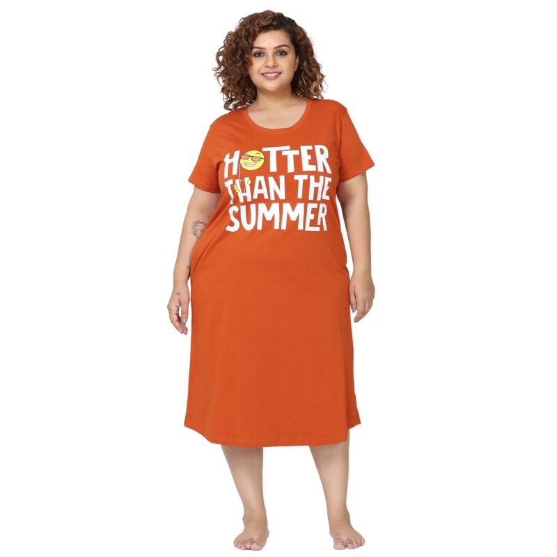 9shines Label For Women Hosiery Cotton Stylish Plus Size Short Nighty | Knee Length Night Dress with Pocket | Graphic Print Nightwear for Daily and Lounge Wear (9SPMY23-SO-L), Orange
