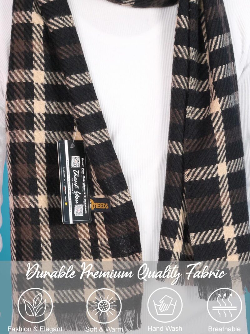 Men’s Checked Winter Muffler Soft Textured Wool-Blend Scarf for Men Classic Check Design for Office, Casual & Travel Wear (Black) - Image 6