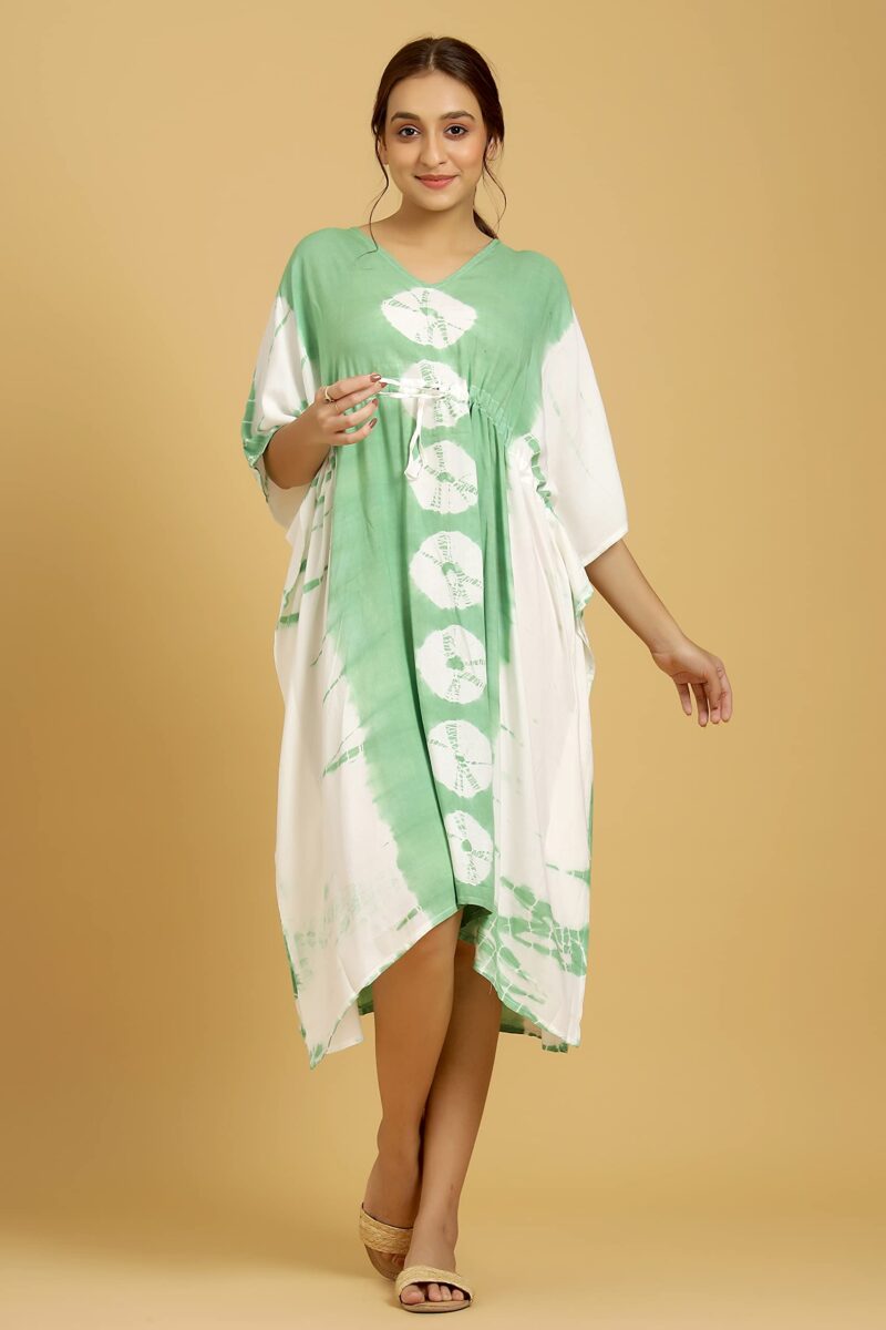 Ravaiyaa - Attitude is everything Rayon Shibori Tie Dye Short Caftan Nightwear Women's Party Dress Kaftan Maxi Gown (Green White Coin Stripe) - Image 6